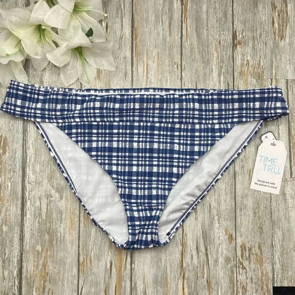 Women's Seersucker Mid Rise Bikini Swim Bottoms, Size XL